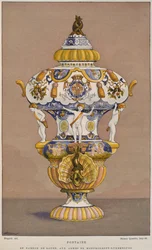 Fontaine en faïence du 18ème siècle avec les armoiries de Montmorency Luxembourg, fabriquée à Rouen, illustration du Dictionnaire de l