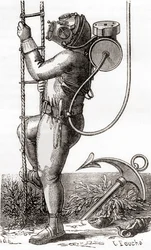 Un plongeur en haute mer du XIXe siècle portant une combinaison de plongée en caoutchouc avec casque et régulateur de réservoir, de 