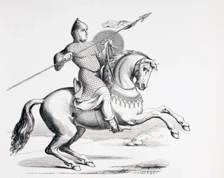 Un chevalier normand vêtu de mailles et de casque portant lance et bouclier, 1873