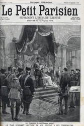 Proposition de désarmement général (faite aux puissances européennes) - Le tsar Nicolas II (1868-1918) lisant son rescrit à ses conseillers. Le Petit Parisien