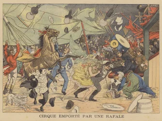 Un chapiteau de cirque emporté par une rafale de vent (lithographie couleur)