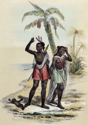 Un couple et un bébé sur une plage ; illustration pour les Marquises, - dans « Les douze Nations » par M.E Fouinet
