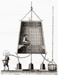 Une cloche de plongée construite par Halley en 1691, tirée de « Les Merveilles de la Science », publiée vers 1870