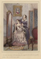 Une fille se préparant à aller à une fête (lithographie couleur)