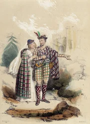 Un homme portant un kilt et son compagnon devant un château ; illustration de l