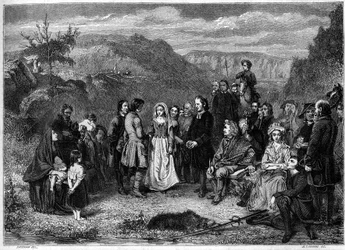 Un mariage de puritains (presbytériens) en Écosse. Gravure de Freeman dans "Le Magasin pittoresque"
