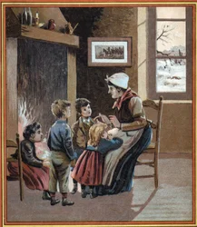 Une mère raconte des histoires à ses enfants près du feu. Couverture du livre « Les contes du foyer pour les petits ». Gravure anonyme du 19ème siècle.