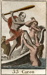 Représentation de Charon, passeur des Enfers, permettant aux défunts de traverser le fleuve Achéron (ou Styx). De « Mythologie de la jeunesse » par Pierre Blanchard 1803.