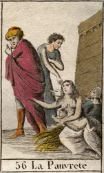 Représentation de la Pauvreté, pieds nus et vêtue de haillons, assise sur de la paille. De « Mythologie de la jeunesse » par Pierre Blanchard 1803.