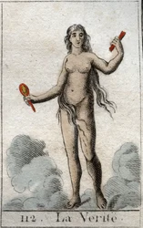 Représentation de la Vérité, comme une jeune femme nue avec un visage candide, elle tient un miroir. De « Mythologie de la jeunesse » par Pierre Blanchard 1803.