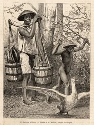 Un habitant de Hatien (Vietnam) portant des seaux et un panier, et un enfant chassant une oie avec un bâton (illustration du voyage en Cochinchine, par le docteur Morice, 1872, publié dans "Le tour du monde" 1875)