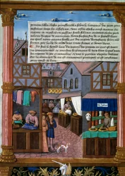 Une rue de Paris avec des échoppes au début du 16ème siècle Page de manuscrit tirée du « Livre du gouvernement des Princes » par Romain Gilles (16ème siècle) Paris, Bibliothèque de l