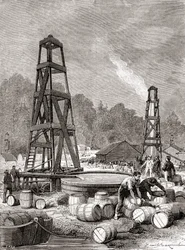 Une source de pétrole à Oil Creek sur la rivière Allegheny, Pennsylvanie, USA en 1858, découverte par Edwin Laurentine Drake, alias Colonel Drake, de 