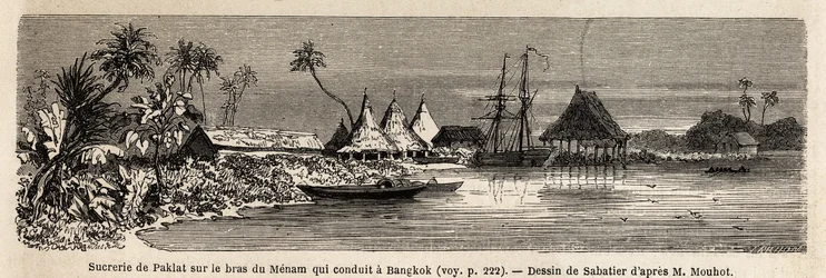Une usine de sucre de Paklat, sur le bras du Menam, le principal fleuve de Thaïlande, dessin de Sabatier, pour illustrer le voyage d