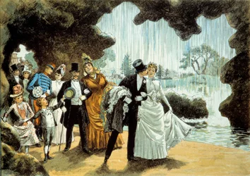 Un mariage à une cascade. Couple marié au Parc des Buttes Chaumont (?). Estampe de la fin du 19ème siècle. Collection privée