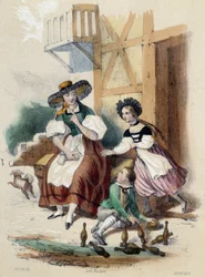 Une femme et 2 enfants jouant aux boules ; illustration pour la Suisse dans « Les Douze Nations » de M. E. Fouinet