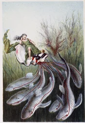 Une femme et un garçon sur un char tiré par des requins - dans « Voyage au fond de la mer » par H. de la Blanchère. Paris, éd. Jouvet et Cie, sd. 1880. (double 02946)