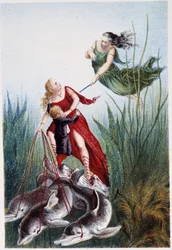 Une femme attaquant une autre femme et un garçon conduit par des dauphins - dans « Voyage au fond de la mer » par H. de la Blanchère. Paris, éd. Jouvet et Cie, sd. 1880.