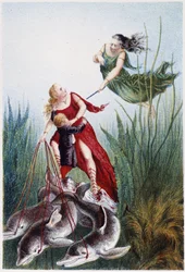 Une femme attaquant une autre femme et un garçon mené par des dauphins - dans « Voyage au fond de la mer » par H. de la Blanchère. Paris, éd. Jouvet et Cie, sd. 1880. (double 02947)