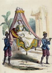 Une femme portée dans un palanquin par 2 serviteurs ; illustration pour l
