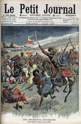 Chef abyssin en raid, Éthiopie, mars 1908 (les chrétiens abyssins combattent les musulmans somalis à la frontière Éthiopie-Somalie) tiré de « Le Petit Journal » (gravure)