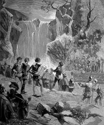 Adam de Craponne (1527-1576), mathématicien et ingénieur français devant les eaux de la Durance. (Un accord a été signé par Adam de Craponne pour amener les eaux de la Durance et du Verdon à Aix-en-Provence). dans "Histoire populaire des sciences, inventio