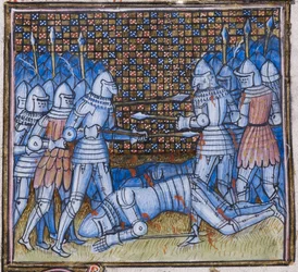 Add. 38659 fol.170, Mort de Sir John Chandos. Une bataille médiévale, enluminure tirée des « Chroniques de France et d