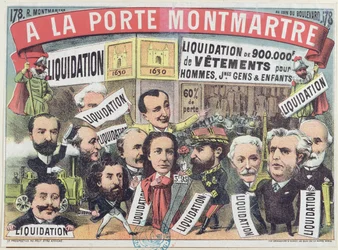 Publicité pour une vente de vêtements au grand magasin parisien La Porte Montmartre, vers 1880