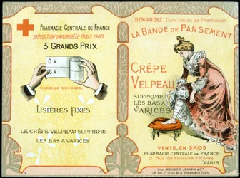 Carte publicitaire de "Le bandage Velpeau en crêpe enlève les bas variqueux". Sd. XIXe siècle
