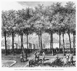 Publicité représentant une colonie ouvrière, illustration de Le Monde Illustré, 1876