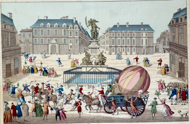 Aérostat : la deuxième tentative de vol en ballon. Le globe aérostatique entier de Charles et Robert à Paris, après un voyage en ballon à gaz hydrogénique, le 02/12/1783. Estampe anonyme du 18ème siècle. Paris, arts décoratifs