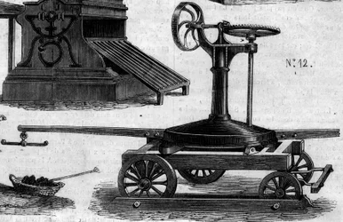 Machine agricole : un manège portable présenté au concours agricole de Paris en 1860. Gravure dans « Le Monde Illustré » n°169 du 7 juillet 1860.