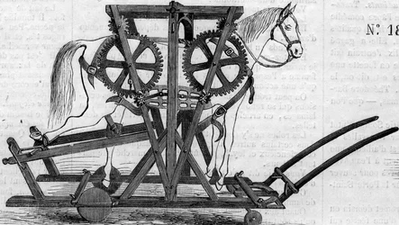 Machine agricole : un dispositif de suspension (ou travail portatif) utilisé pour immobiliser les chevaux ou le bétail avant de les traiter. Machine présentée au concours agricole de Paris en 1860. Gravure dans « Le Monde Illustré » n°172 du 28 juillet 186