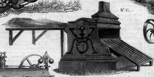 Machine agricole : une batteuse présentée au concours agricole de Paris en 1860. Gravure dans "Le Monde Illustré" n°169 du 7 juillet 1860.
