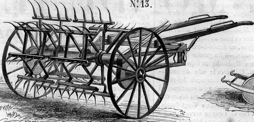 Machine agricole : un andaineur à double action anglais présenté au concours agricole de Paris en 1860. Gravure dans « Le Monde Illustré » n°172 du 28 juillet 1860