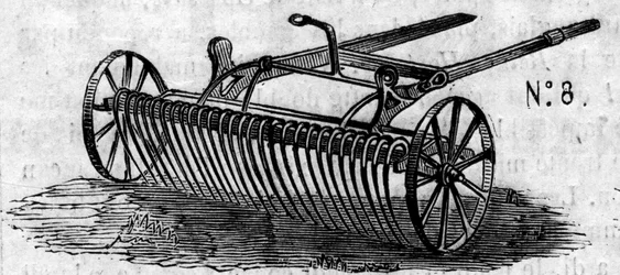 Machine agricole : un râteau à cheval anglais présenté au concours agricole de Paris en 1860. Gravure dans « Le Monde Illustré » n°169 du 7 juillet 1860