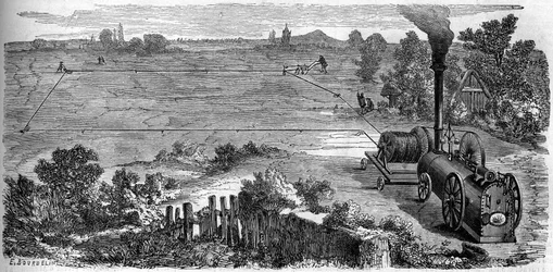 Agriculture : paysans utilisant une machine à vapeur pour leur culture. Gravure dans « Le Monde Illustré » n°131 du 15 octobre 1859.