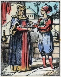 Aladin met des diamants somptueux dans une coupe en or et envoie sa mère les offrir au Sultan pour demander la main de sa fille. Gravure du conte des Mille et Une Nuits « Aladin et la Lampe Merveilleuse ». Imagerie d