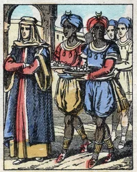 Aladin renvoie sa mère escortée par des esclaves portant des cadeaux pour proposer à la fille du Sultan. Gravure du conte des Mille et Une Nuits « Aladin et la lampe merveilleuse ». Imagerie d