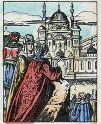 Aladin demande au Génie de construire un somptueux palais en face du palais du Sultan. Gravure du conte des Mille et Une Nuits « Aladin et la Lampe Merveilleuse ». Imagerie d