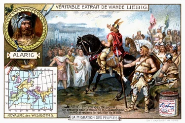 Alaric Ier, roi des Wisigoths, se présente pour la troisième fois devant Rome en 410 et exige la reddition de la ville - vignette publicitaire Liebig