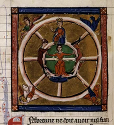 Alexandre III Le Grand (356-323 av. J.-C.) assis sur la roue de la Fortune entourant le Tétramorphe. Miniature du manuscrit « Histoire ancienne à la César », vers 1260-1270 écrite par un clerc au service de la cour de Roger IV, châtelain de Lille