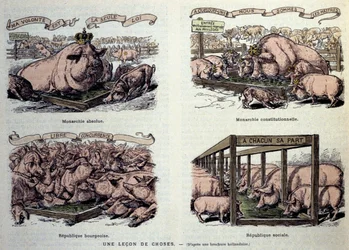 Allégories des différents types de gouvernement : la monarchie absolue, représentant un cochon bien nourri et des couronnes « ma volonté est la seule loi », de la monarchie constitutionnelle représentant un petit groupe de cochons privilégiés pour manger l
