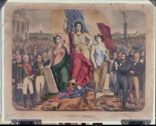 Allégorie de la République française représentant Adolphe Thiers (1797-1877), Léon Gambetta (1838-1882) et Victor Hugo (1802-1885)