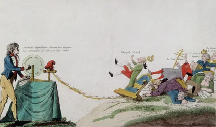 Allégorie de la Révolution française enlevant tous les trônes des voleurs couronnés