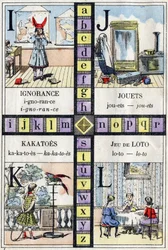 Alphabet et lettres I J K et L, ignorance, jouets, cacatoès et jeu de loto. ABC des petites filles. Imagerie d
