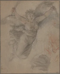 Une figure féminine allégorique (craies noires et rouges, rehaussées de blanc, sur papier vergé beige)