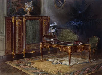 Un intérieur avec un bureau plat et une bibliothèque de style Louis XV