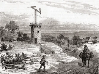 Un poteau de télégraphe aérien au 18ème siècle, des Merveilles de la Science, publié vers 1870 (gravure)