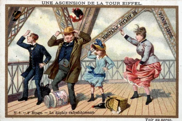 Une ascension de la Tour Eiffel : au 2e étage, un zéphyr rafraîchissant - chromo. Liébig, déb. 20e siècle